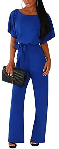 Walant Femmes Combinaison Manches Courtes Col Rond Couleur Unie Barboteuse Jumpsuit D'été Chic Élégant Slim Pantalon Loose Casual Combishort avec Ceinture, Bleu, M