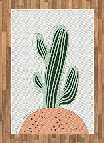 Lunarable Cactus Area Rug, Cartoon Saguaro Doodle Soil Plantation Garden Art Botanical, Flat Woven Accent Rug for Living Room Bedroom Dining Room, 4' X 5' 7, Peach Evergreen and Pale Sage Green
