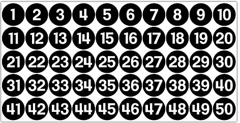 GamesMonkey® - Etichette Numeri Adesivi Cerchi - Nero - da 1 a 50 - (50-500 - 2500 pezzi)(10-25 mm) Vinile lucido Impermeabile - Inventario Consecutivi (25 mm - 2,5 cm, 50 Pezzi - 1 Foglio)