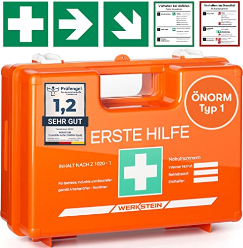 WERKSTEIN® Erste Hilfe Verbandskasten inkl. Wandhalterung [ÖNORM Z1020 TYP 1] - Erste Hilfe Kasten für Betriebe, Zuhause & Einrichtungen - Erste Hilfe Koffer - First Aid Emergency Bag - Sanikasten