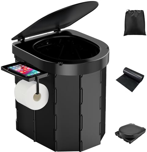 PAHTTO Toilettes de camping portables pliables pour adultes avec étagère amovible pour téléphone et support de papier toilette, pot Porta avec couvercle (noir)