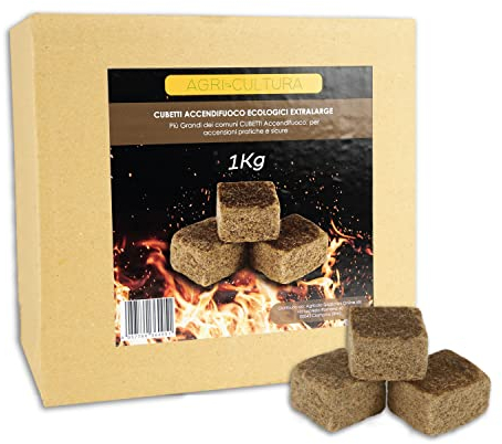 AGRI-CULTURA® | Cubetti Accendifuoco Ecologici XL【1Kg】| Accendifuoco Inodore in Fibra di Legno Naturale e Cera | Ideali per Barbecue, Caminetti e Forni a Legna.