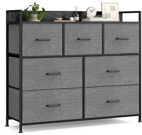 SONGMICS Chest of Drawers, Bedroom Cabinet, 7 Fabric Drawers with Handles, Metal Frame, Slate Grey and Anthracite Grey LTS523G22