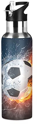 Soccer Ball Football Water Bottle for Girls Boys Stainless Steel Drink Flask Straw Vacuum Insulated Leakproof for Sports 600 ml