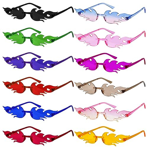 12 Pares de Gafas Fiesta, Gafas de Fiesta Divertidas, Gafas de Sol Llamas de Fuego para Despedidas de Soltero, Gafas sin Bordes, Hippy Gafas de Sol, Llamas Gafas Fiesta para Fiesta de Cumpleaños