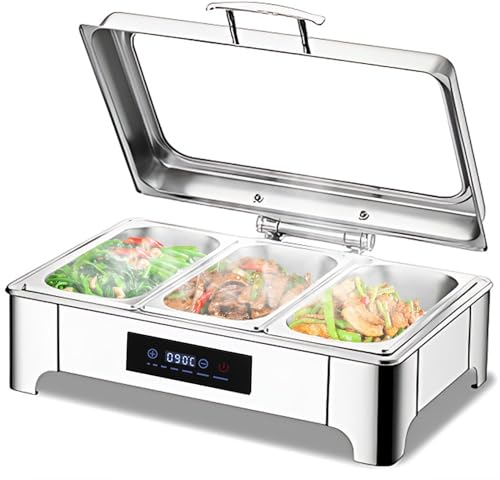 VFDZ 9L Chafing Dish Electrico de Acero Inoxidable, Chafing Dish Calentador de Comida para Buffet con Ajuste Inteligente de Temperatura, Calentador de Buffet con Tapa Visible(B, 1/3 Pan)