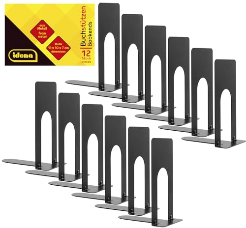 Idena 11110 - Fermalibri in Metallo Nero, 12 Pezzi di 13 x 10 x 7 cm, per Scaffali di Libri