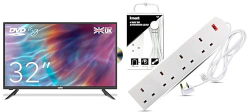 Cello ZF0223 32 inch HD Ready LED TV with built in DVD player with Freeview HD Built in Satellite & Heavy Duty Extension Lead UK Pin Plug and Cable, 4 Gang Way 2m Power Adapter