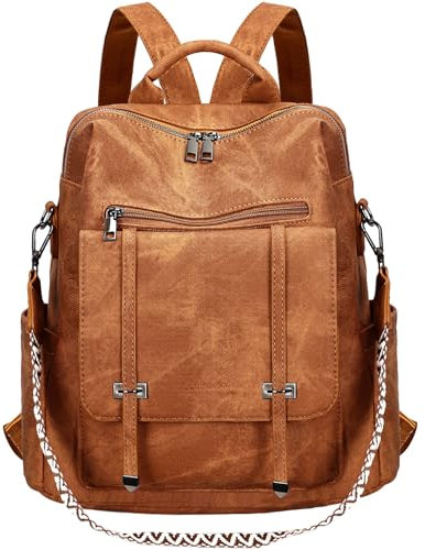 Leathario Rucksakck Damen Wasserdicht,Veganes Leder Cityrucksack,Rucksackhandtasche Mittelgroß, Diebstahlsich Tagesrucksack für Büro,Pendeln,Arbeit,Leicht Elegant Backpack Women Groß für Reise,Braun