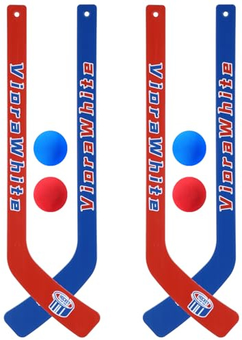 VioraWhite 8 Pcs Mini Knee Hockey Stick and Ball Set Knee Hockey Set Includes 4 Mini Sticks and 4 Foam Balls for Sports Winter Indoor Floor(Red Blue)