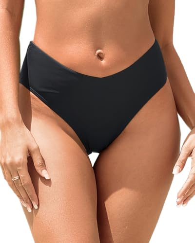 Zmart Women V Cut Cheeky Bikini Bottoms - Mid Waist High Cut Swim Bathing Suit Bottoms V Front Swimsuit Black M