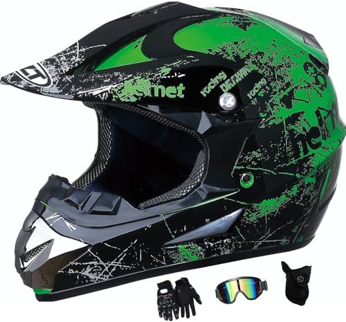Enfant Casque de Motocross, Unisexe Intégral Hors Route Rue Courses VTT Casque de Moto, avec Lunettes Gants Masque, Downhill BMX Dirt Bike Accident Casque, Approuvé par Le Dot(Noir,S(52-53cm))