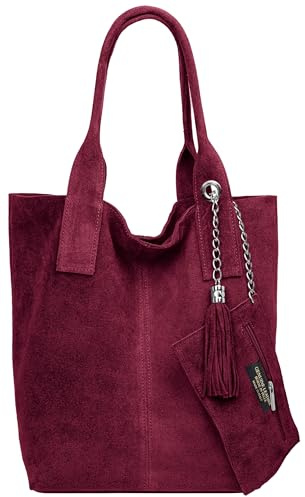 Caspar große Wildleder Shopper Schultertasche XL Damen Handtasche aus Leder mit stylischer Metallkette & kleiner Zusatztasche - CLASSIC LINE - Modell No.828 - Made in Italy, Farbe:weinrot