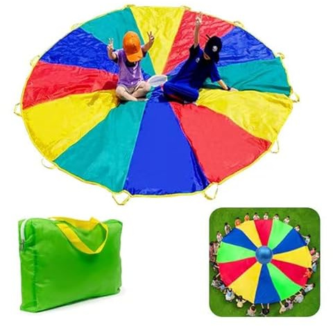 Parachute with Handles 8ft 10ft 12ft Play Parachute Games for Outdoor Team Games,waterproof reinforced suture,You Can Also Use it for Trampoline Cover Picnic Mat ,sport equipment (10 feet 12 hands)