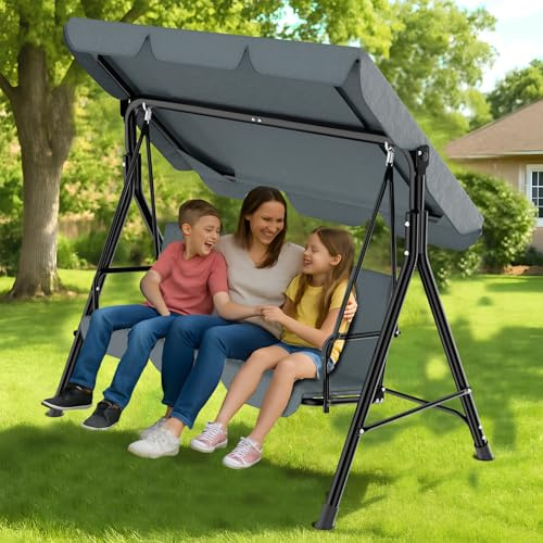 Balançoire de Jardin 3 Places Outdoor,Balançoire de Terrasse avec Auvent Réglable et Coussin Amovible,Structure en Acier au Carbone,Banc à Bascule pour Terrasse,Piscine,Jardin,193x110x152cm，Gris