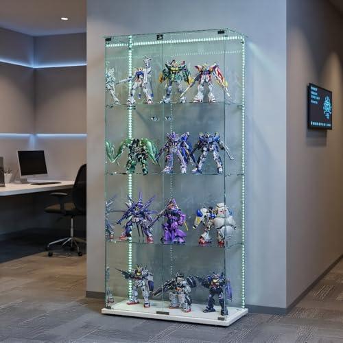 TIMORWTF Vitrine aus Glas mit LED-Lichtstreifen, EE-Vitrine modern mit 4 Regalen und 2 Türen, Wandvitrine für Sammlung, für Schlafzimmer, Wohnzimmer und Esszimmer, 163 x 78,5 x 35 cm, Weiß