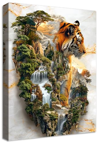 Wooden Framed Canvas Wall Art King of the Forest Tiger Painting on Canvas Prints Poster Tiger Mountains Forests Pictures for Living Room Bedroom Bathroom Dining Room Hallway Wall Decoration 40x60cm