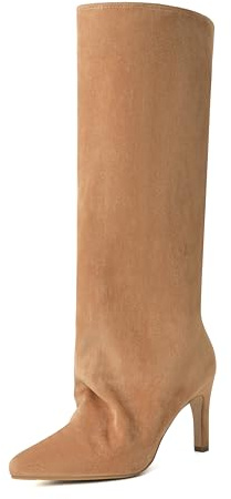 Reitoye Camel Suede Knee High Boots Women Wide Claf Slouchy Boots Pointed Toe Stiletto Tall Boots Dress Fashion Boots Shoes Size 8