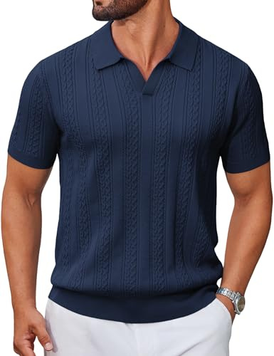 COOFANDY Textured Polo Shirts Knitted Polo Men Vintage Short Sleeve Polo Shirts Striped Vacation Polos Shirts Navy