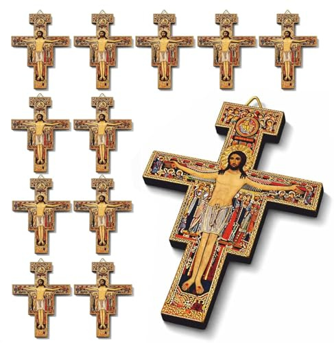 Regalami 12 Croci San Damiano 9x6 cm in Vero Legno – Prodotte ad Assisi, Dettagli Oro – Bomboniere Prima Comunione, Regalo Catechismo Bambini (12)