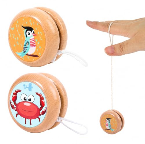 CUZKC Yo-Yo en Bois pour Enfants 2 Pièces, Jouet Classique avec Dessins Animaux Cartoon, YoYo Débutant pour Coordination Main Oeil, Fête, Anniversaire et Voyage