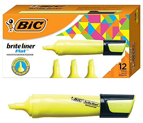 BIC Brite Liner Flat Highlighter, Chisel Tip for Broad Highlighting & Fine Underlining,Yellow, 12-Count