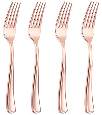 Liacere 200 Pack Rose Gold Forks Disposable - 7.4 inch Heavy Duty Plastic Forks - Heavyweight Plastic Fork - Rose Gold Silverware for Catering, Parties, Dinners, Wedding＆Mother's Day＆Valentine's Day