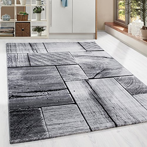 HomebyHome Teppich Wohnzimmer 140x200 cm Rechteckig Schwarz und Grau Kurzflor Holz Design - Teppich Schlafzimmer, Esszimmer, Küche Flauschiger Extra Weich Tepich Waschbär Einfache Reinigung - Carpet