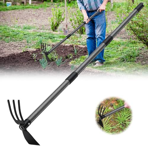 Hoe and Cultivator - 45” Long Handle - Heavy Duty Garden Hoe Tiller, Standing Hoe Garden Tools Durable Cultivator Hoes Hand Rake Fork for Gardening Weeding Planting Loosening Soil
