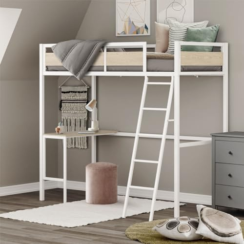 SENHO Cama alta con somier de láminas y escritorio de metal, revestimiento epoxi y melamina, imitación de roble – Superficie de descanso 90 x 190 cm – Dino (epoxi, blanco)