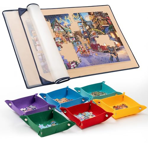Tektalk Planche puzzle avec 6 plateaux de tri de couleurs - Tapis puzzle portable avec surface antidérapante, couvercle anti-poussière pour le rangement - Jusqu'à 1500 pièces - Kaki