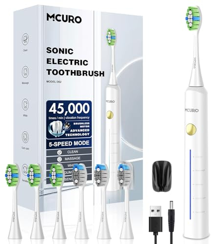 Elektrische Zahnbürste, Ultraschall Zahnbürsten, 45000VPM, Aufhellung Der Zähne In 1 Woche, 6 DuPont-Bürstenköpfe, 120 Tage Akkulaufzeit, Batteriestandsanzeige, 5 Modi, Timer, IPX7, Aufhängbar, Weiß