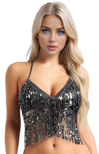 MUNAFIE Top de lentejuelas brillantes para mujer, con flecos, espalda descubierta, sujetador para festival, danza del vientre, parte superior, Negro , Tallaúnica