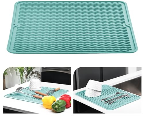 KitchenRaku Tapis d'égouttement 40x45cm, en silicone pour vaisselle - Résistant à la chaleur, antidérapant - Tapis d'égouttement pour évier, sous-set de table (Bleu clair)