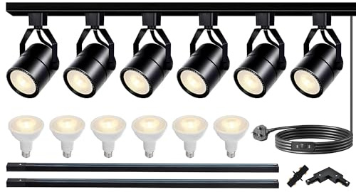 Bravsekai LED Track Lighting Heads Kit, Dimmable PAR20 Track Lights Heads with 2x1m H Type Track Rails 20W 6000K Cool White Ceiling Spotlight Fixtures Include 6Pcs LED Bulbs for Home