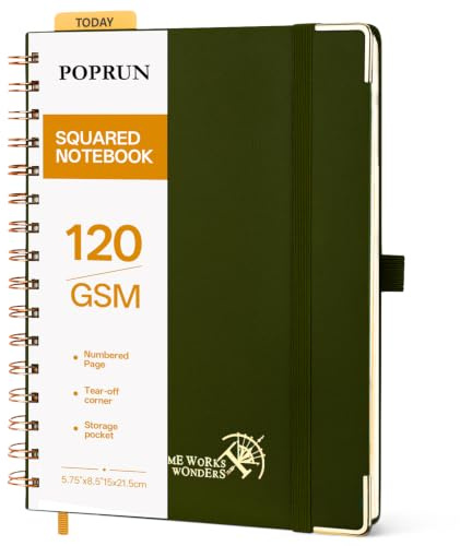POPRUN Cuaderno de Notas con Espiral, Página de Cuadrícula, Tamaño A5, Papel Grueso de 120 GSM, 141 Páginas Numeradas, con Bolsillo, Pestañas de Indice, 8 Hojas Perforadas, Verde Oliva