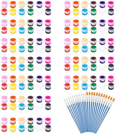 Jeenuuder Paquete de 12 144 Piezas de Mini Juego de Pintura Acrílica con Pinceles para Niños y Adultos, Pintura Artesanal, Tiras de Pintura Acrílica Lavables de 12 Colores