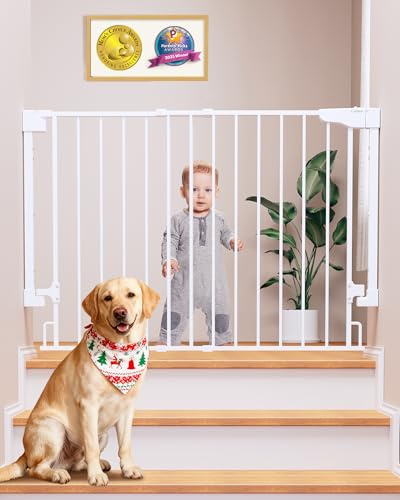 Cumbor 29.2–43 Baby Gate for Stairs, Wall-Mounted (Drill Required), Expandable No Bottom Bar Dog Gate, Auto Close Extra Wide Walk Thru, Pet & Toddler Proof Gate, Top & Bottom of Stairways (White)