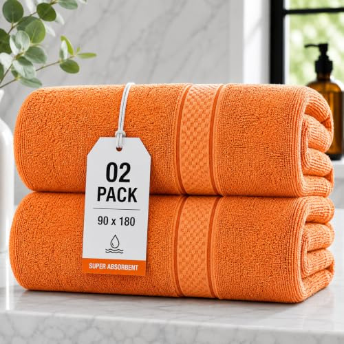 ZZZMRH 2 Pack Jumbo Bath Sheets 90 x 180 cm, 100% Combed Cotton Extra Large Bath Towel Bale for Adults, Super Soft Thick Highly Absorbent Quick Dry Hotel Quality Towels – Orange