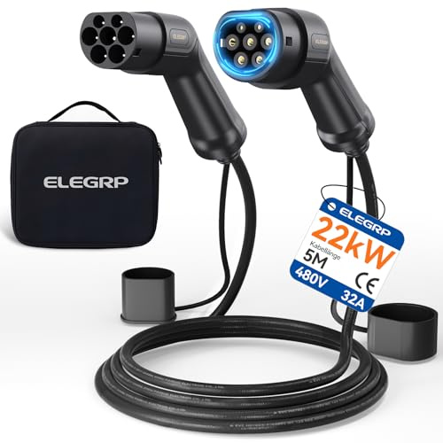 ELEGRP Cavo di ricarica tipo 2, 22 kW, 5 m, 32 A, 3 fasi, tipo 2 a tipo 2, modalità 3, cavo di ricarica per auto elettrica EV/PHEV con custodia, adatto per modello S/3/X/Y, VW ID.3 ID.4 e-Golf e altri