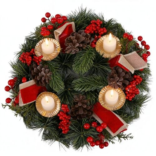 Kerzenhalter Adventskranz, Schön Gestaltet Adventskranz Teelichthalter mit Haltern, Advents-Kranz Kerzenhalter Modern für 4 Teelichter, Tisch Adventsdeko Weihnachtsdeko Kerzen