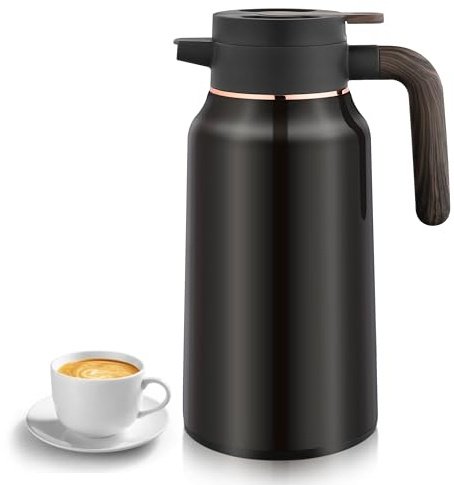 Thermoskanne, 2L Edelstahl Doppelwandige Isolierkanne mit Holzoptik Griff, Kaffeekanne mit Quick Press Verschluss, hält 36h heiß, 36h kalt, Teekanne Thermo für Kaffee, Milch, Tee, Partygetränke