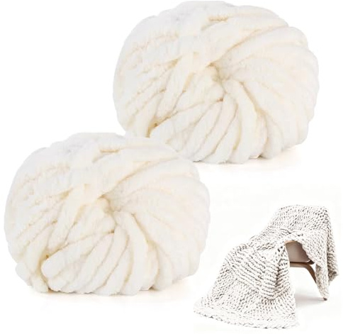 Filo di lana grosso per uncinetto, 2x245g di morbido filato per lavorare a maglia a mano, lana morbida per lavori a maglia a mano per coperte, cuscini, decorazioni per la casa (Bianco)