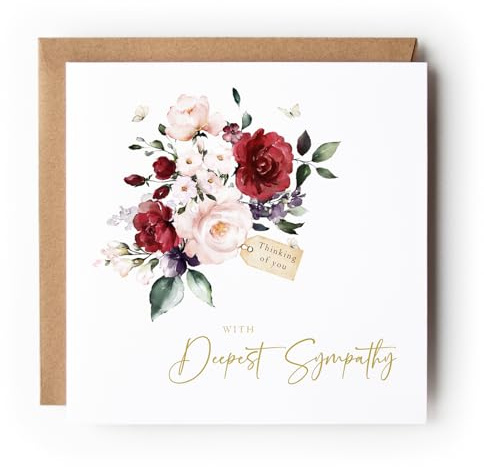 Elegant Floral Sympathy Card with Deep Red and Pink Roses, Thinking of You Message, Watercolor Design