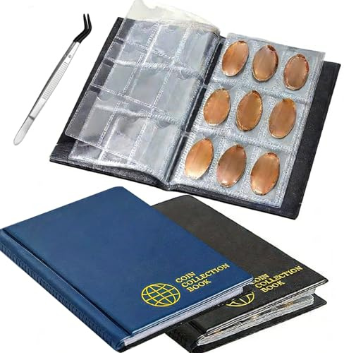 【2-Book Set】 Pressed Penny Collector Album with Silicone Tweezer, Holds 216 Elongated Coins Total (108 per Book), Black & Blue Souvenir Coin Organizer for National Parks, Travel Memories