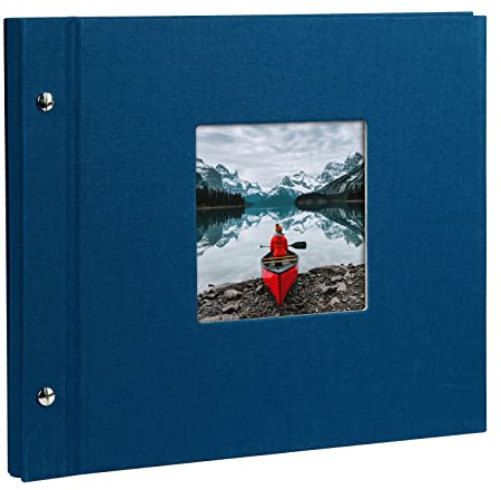 goldbuch 26895 skruvalbum med fönsterutskärning, Bella Vista, 30 x 25 cm, fotoalbum med 40 vita sidor med pergaminskiljeblad, utbyggbart album, fotobok av linne, blå