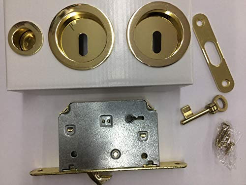 KIT TONDO CON FORO CHIAVE MANIGLIA PORTE SCORREVOLI PORTA SCRIGNO .COLORE ORO LUCIDO COMPLETO DI SERRATURA.ART.2055 CS
