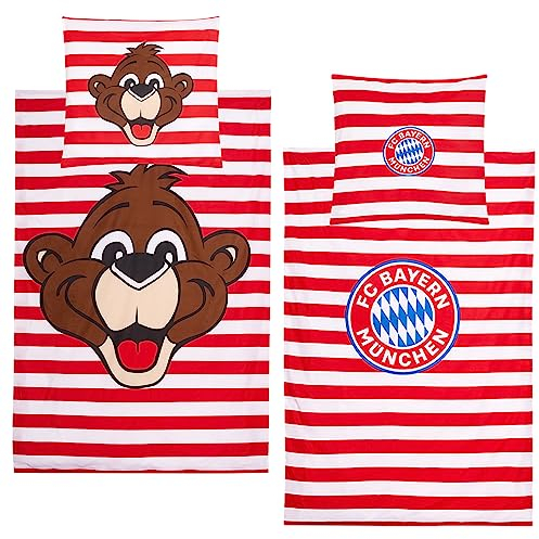 FC Bayern München Baby-Kleinkind-Bettwäsche Berni 100 x 135 + 40 x 60 cm 100% Baumwolle in Renforcé-Linon-Qualität Fußball Rekord-Meister Mia san Mia Fußball Allianz Arena mit Reißverschluss