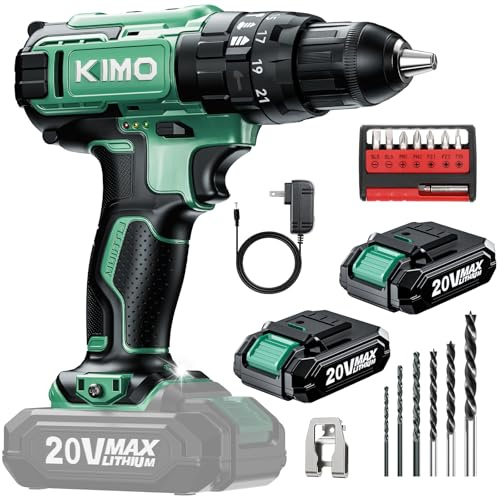 KIMO Cordless Hammer Drill Set with 20V 2.0Ah Battery 2 Packs, 21+3 Position, 0-1350 RPM, Max 350 In-lb Torque, 3/8 Keyless Chuck, 14pcs Accessories, Power Drill for Drilling Wood Bricks Walls Metal
