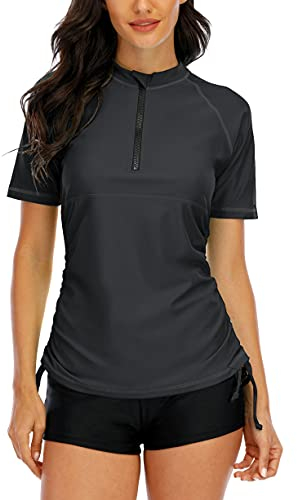 Halcurt Damen Rashguard V-Ausschnitt Reißverschluss Sonnenschutz UV Surf Tops Kurzarm Badeshirt Strandkleidung